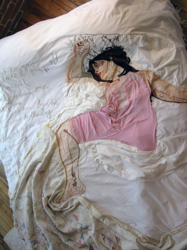 Joetta Maue: waking with you (Detail), 2010, 60in x 80in x 15in, hand embroidered, appliquéd, and painted re-appropriated linen, and queen size bed