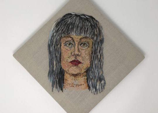 Catherine Hicks: 1st Self Portrait in Wool, 2014, 17” X 17”, Found wool hand embroidery on linen