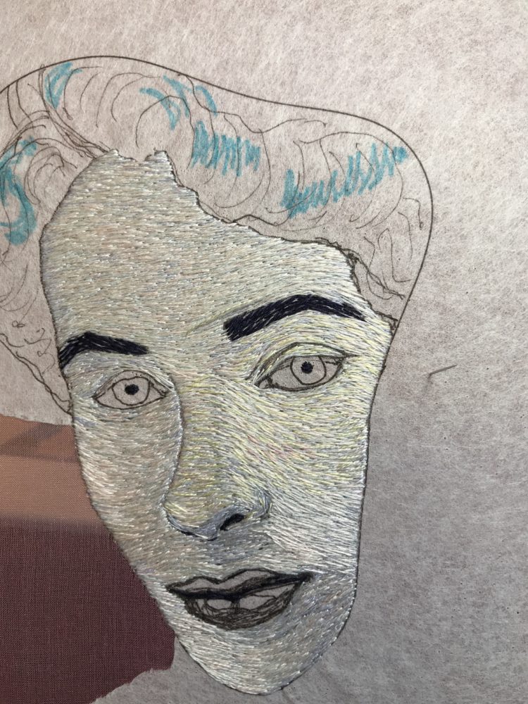 Catherine Hicks: Liz Taylor on Mirror (in progress) showing Verdaccio technique (Detail), 2019, 14” X 7”, Silk hand embroidery on silk (in progress)