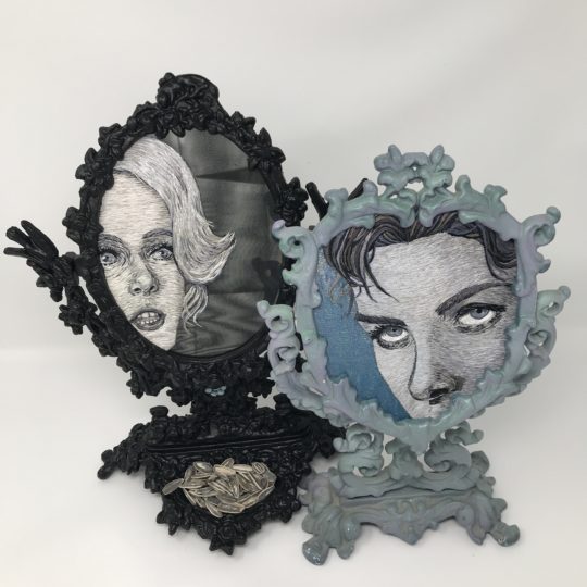 Catherine Hicks: Montage of Portraits Embroidered on Mirrors - Tippi Hedren and Ingrid Bergman, 2019, 14” X 11”, 13“ X 9”, Silk hand embroidery on mirrors in antique frames