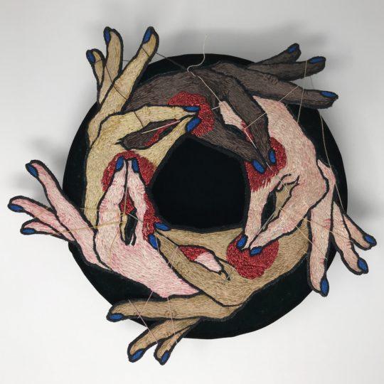 Catherine Hicks: Sewing Circle, 2018, 10” X 10”, Silk hand embroidery and stump-work on silk velvet