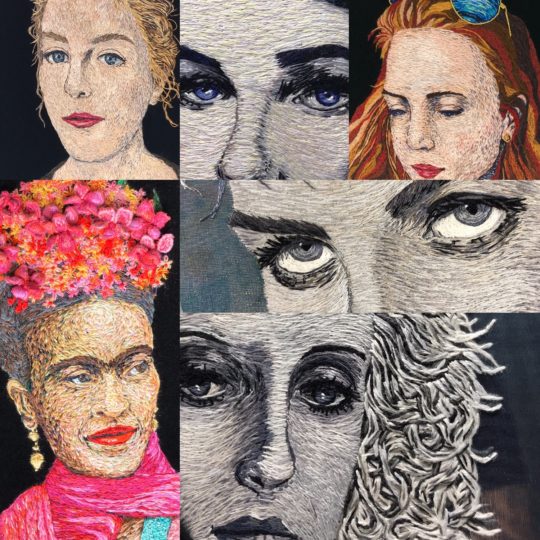 Catherine Hicks: Montage of work, 2018-2019, Silk hand embroidery on velvet, sheer fabrics