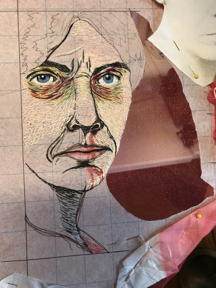 Catherine Hicks: Portrait of Alice Paul (in progress) (Detail), 2019-2020, 17” X 19”, Silk hand embroidery on mirror in antique frame with found objects