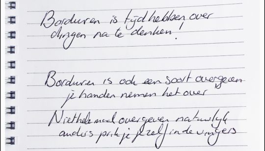 Pauline Nijenhuis: Text from my logbook: ‘For me, embroidery is also time to think about things. Embroidery is also a sort of surrender, your hands take over. Of course do not surrender completely, otherwise I will poke myself in my fingers.’