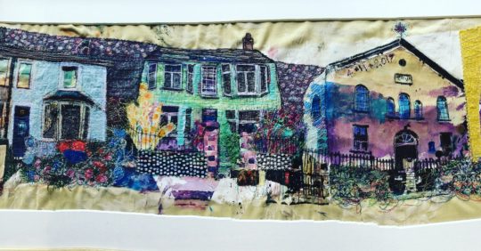 Haf Weighton: Cysgod y mynydd, Gwaelod y Garth, 2017, 175 x 40 cm, Paint, Print, Stitch (photo credit Abigail Apollonio Photography)