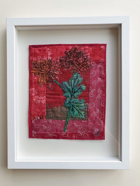 Hannah Rae: Chrysanthemums in Granny's Attic, 2019, 28 x 36cm, Hand painted cotton and linen with hand stitch, printed silk machine stitch appliqué