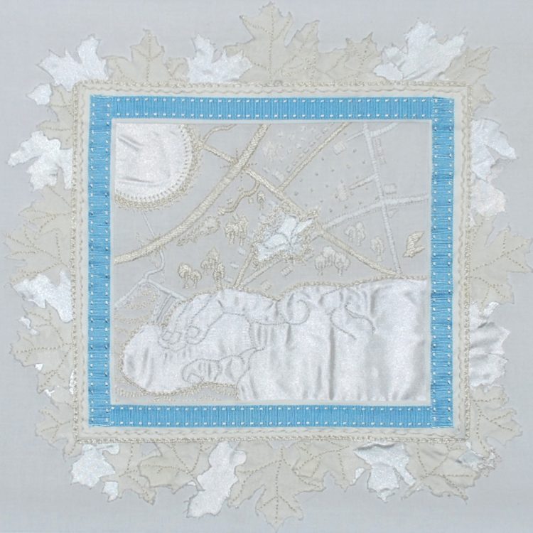 Bridget Steel-Jessop, Baby Sam, 2015. 30cm x 30cm (12" x 12"). Raw edge applique with hand embroidery, running stitch, backstitch, french knots, blanket stitch. Linen backing fabric with satin and organza appliqué, embroidery threads, baby blue ribbon.