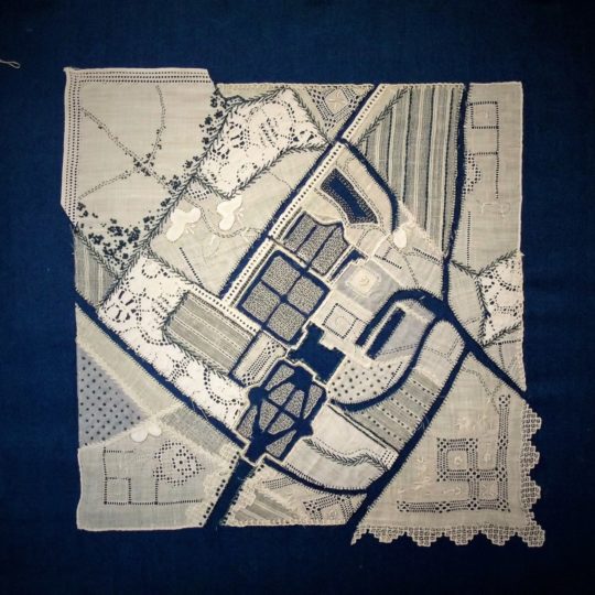 Bridget Steel-Jessop: Hanbury Hasll, 2017, 20cm x 20cm, Recycled antique lace (applique)