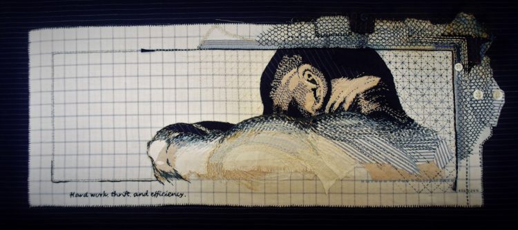 Bridget Steel-Jessop, Hard Work, Thrift and Efficiency, 2017. 30cm x 60cm (12" x 24"). Raw edge appliqué with hand embroidery and tea staining, backstitch, running stitch, open wave stitch. Husband's old work shirts including collars and cuffs, embroidery threads, tea.