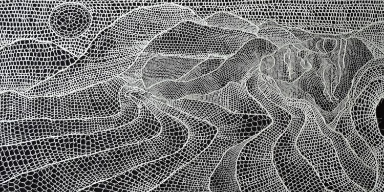 Bridget Steel-Jessop, Lady in the Landscape, 2019. 40cm x 80cm (16" x 31"). Handmade needle lace (whipped, twisted, buttonhole stitch). Ecru crochet cotton, mounting board.