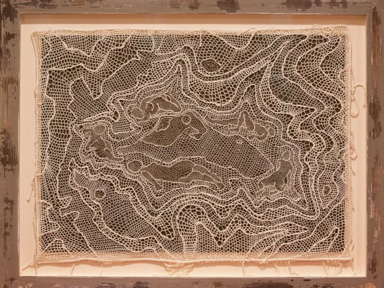 Bridget Steel-Jessop, Sisters, 2019. 73cm x 54cm (29" x 21"). Handmade needle lace (whipped, twisted, buttonhole stitch). Ecru crochet cotton, mounting board.