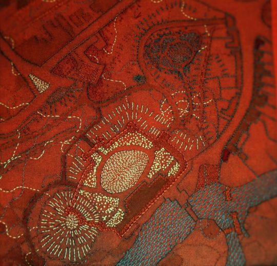 Bridget Steel-Jessop: Warwick Castle, 2016, 20cm x 20cm, Hand printed fabric and embroidery
