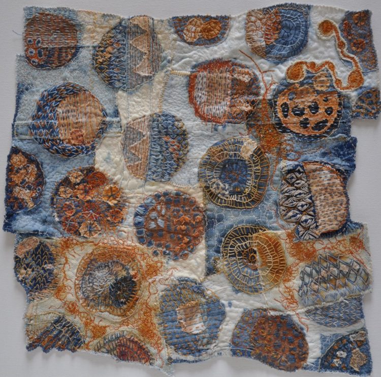 Hannah Rae: Rust and Revive, 2018, 39 x 39 cm, Bleached denim and hand dyed linen with machine and hand stitch