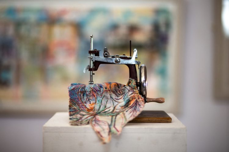 Haf Weighton: Victorian Embroidery Machine with a sample of Haf's work trapped within it (Detail), 2019, Print, Paint, Stitch (photo credit Abigail Apollonio Photography)