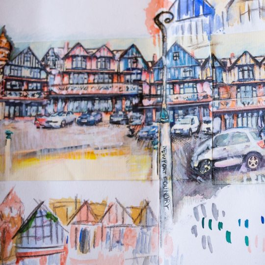 Haf Weighton, Drawings of Penarth in Sea White concertina sketchbook (Detail), 2018. Watercolour, pen and ink wash on paper (photo credit Abigail Apollonio Photography).