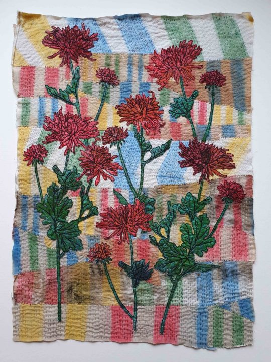 Hannah Rae: Chrysanthemums from Cambridge Market, 2019, 41 x 57cm, Hand painted cotton and linen with hand stitch, printed silk machine stitch appliqué