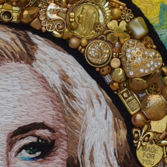 Sarah Gwyer: Lady Gaga (Detail), 2018, 27cm x 27cm, A thread-painting using canvas, cotton threads and embellishments