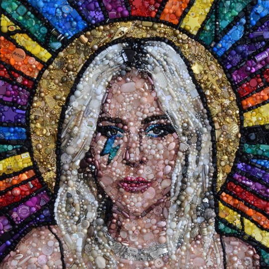 Sarah Gwyer: Lady Gaga, 2019, 50 x 50cm, Canvas painted and then stitched with beads, buttons and charms