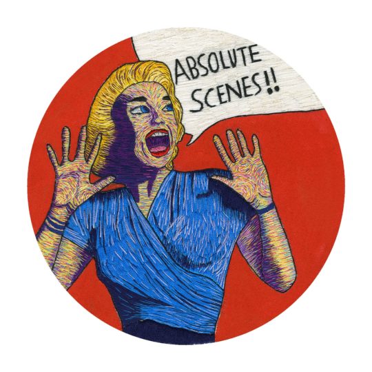 Claire Mort: Absolute Scenes, 2019, 8in x 8in, Calico, acrylic paint and embroidery thread