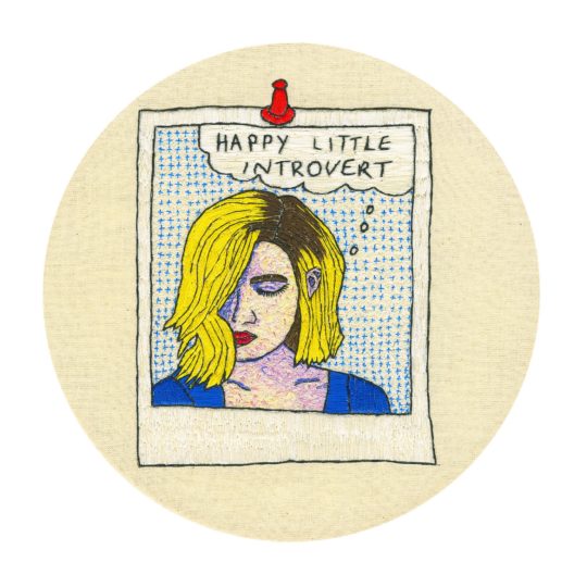 Claire Mort: Happy Little Introvert, 2018, 8in x 8in, Calico and embroidery thread