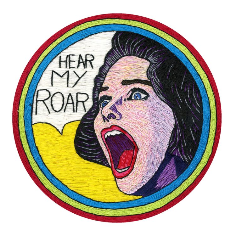 Claire Mort: Hear My Roar, 2019, 8in x 8in, Calico and embroidery thread