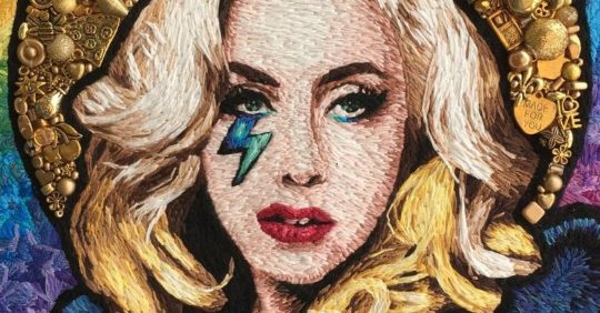 Sarah Gwyer: Lady Gaga (Detail), 2018, 26.5 x 26.5cm, Thread-painting and bead embroidery. Created with dozens of beads and charms, and DMC cotton threads