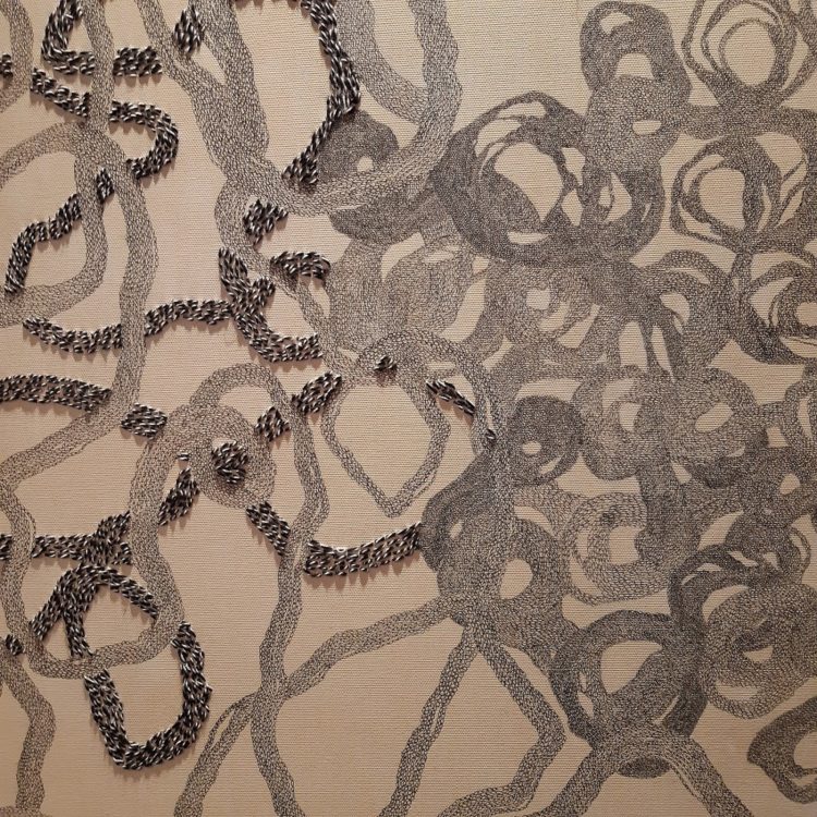 Varka Kozlovic: Fountain pen series Op.n 40 (Detail), 2019 in progress, 135 x 150, Coffee, ink, thread and paper on canvas