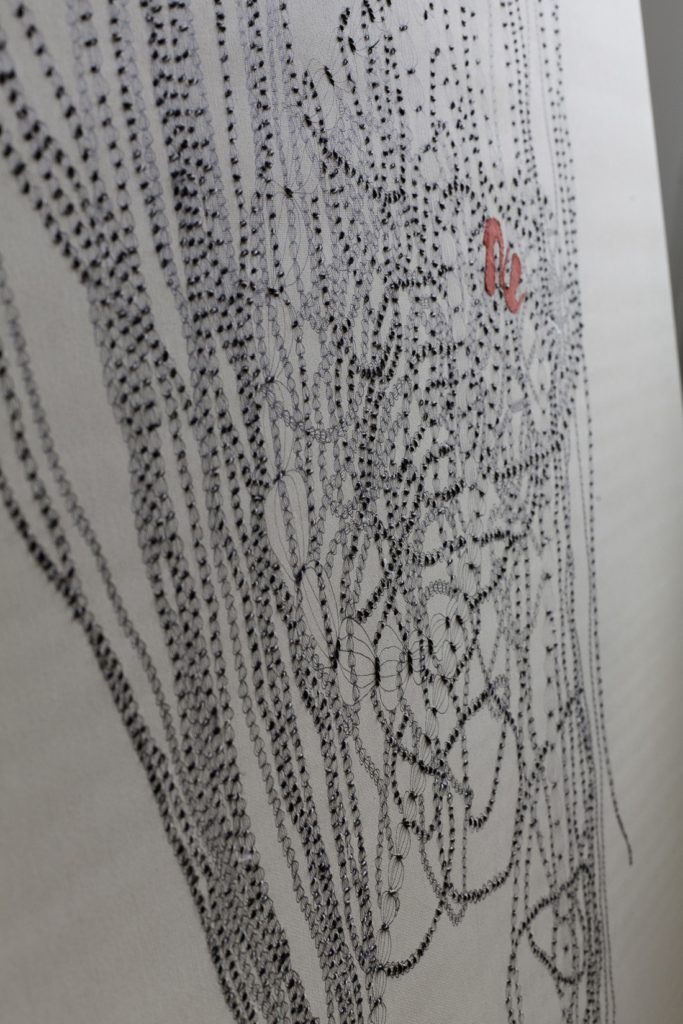Varka Kozlovic: Fountain pen series Op. n 29 (Detail), 2013, 100 x 120, Fountain pen, thread and textile on canvas