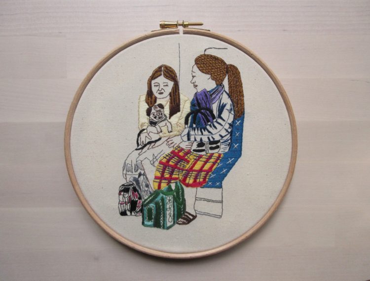 Reena Makwana: Pug on the Victoria Line, 2019, 20cm diameter, Calico, cotton embroidery thread, wooden embroidery hoop