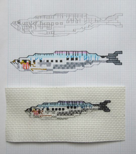 Reena Makwana: Sardine, 2018, The embroidery is 11cm long, 5 cm wide, Cross stitch (graph paper, pen and colour pencil for the sketches)