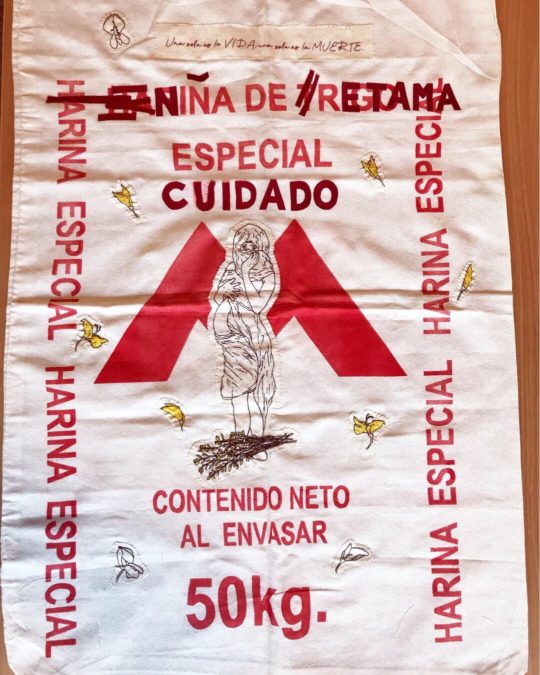 Lin Belaunde Morla: Lima niña de retama, 2019, 88 x 60, intervened sack with embroidery