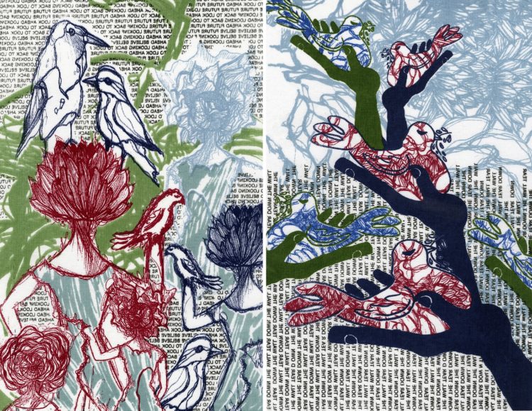 Melody Hesaraky: Rise Textile Collection - Tear down the wall (Right), Future (Left), 2017, 9*12 Inches, Screen print on sustainable cotton