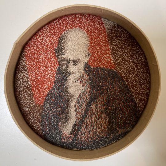 Sharon Peoples, Portrait of Mark, 2021. Diameter 11cm (4”). Hand embroidery. Cotton thread, linen.
