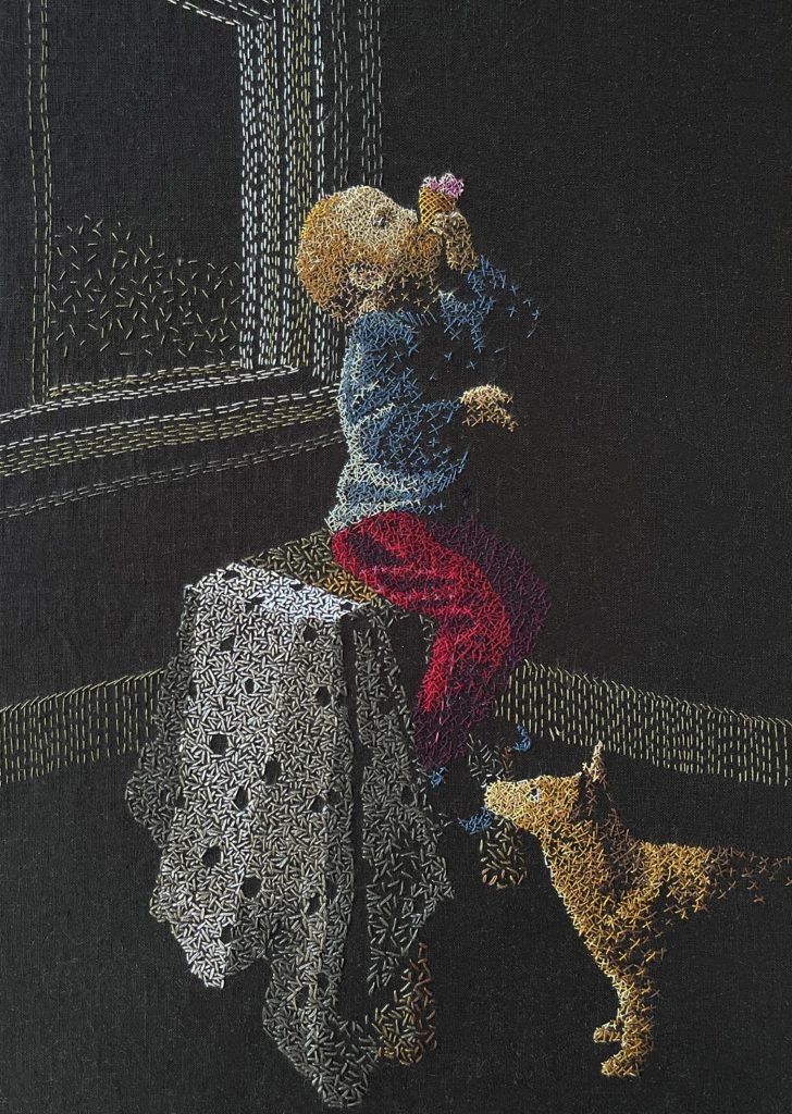 Sharon Peoples, Eating Ice Cream, 2021. 40cm x 52cm (15½" x 20½"). Hand embroidery with random cross-stitch. Cotton thread, linen. 