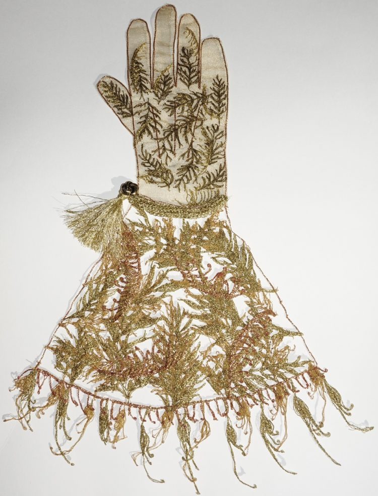 Sharon Peoples, Gardening Glove: Grevillea Robusta, 2020. 35cm x 50cm (14" x 20"). Machine embroidery. Rayon polyester thread, nylon, metal threads.