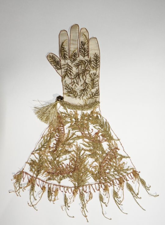 Sharon Peoples: Gardening Glove: Grevillea Robusta, 2020, 50 (H) x 35 (W), machine embroidery, nylon, rayon polyester thread, metal threads