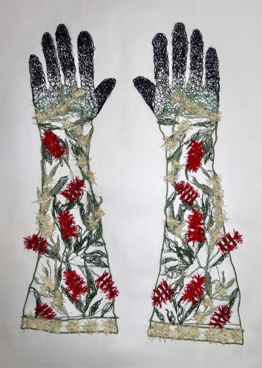 Sharon Peoples: Gardening Gloves: Red Grevillea, 2020, 50 (H) x 35(W), machine embroidery, nylon, rayon polyester thread.