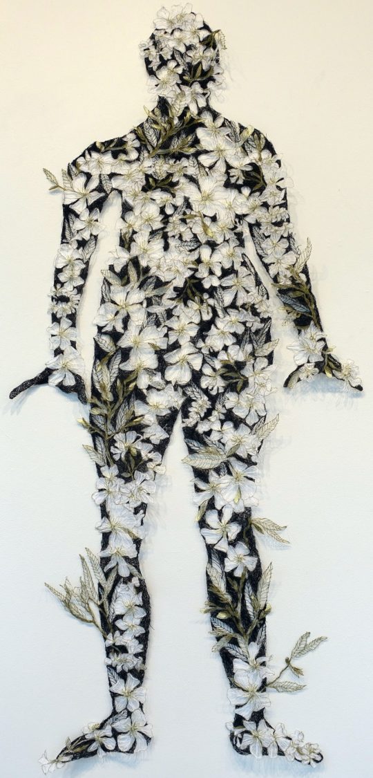 Sharon Peoples, Laced With Oleander, 2017. 84cm x 180cm (33" x 71"). Machine embroidery. Rayon polyester thread, rayon.