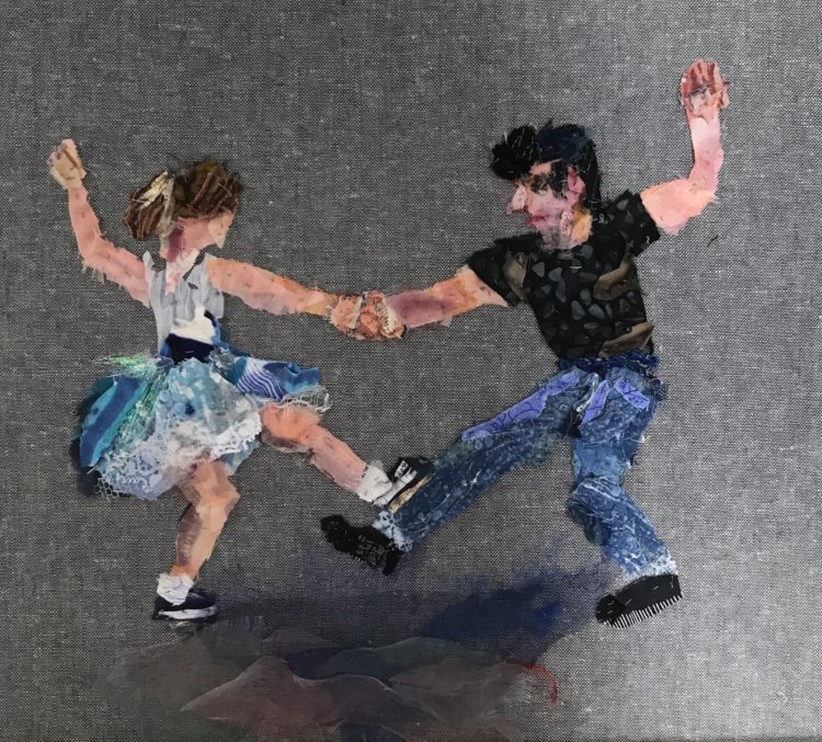 Barbara Shaw: The Jive (2020), 32 x 28 cm. Created from many carefully selected scraps of fabrics hand stitched in layers. A study in the interpretation of people and movement.