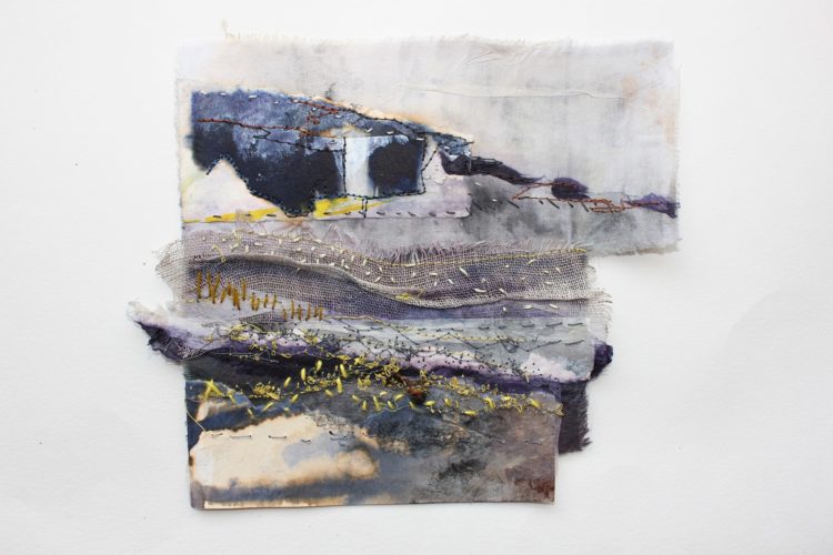 Cas Holmes: Cardiff Bay at Night (2020), 35 x 25 cm. Paper, cloth and found materials. Hand and machine stitch, paint, dye and print.