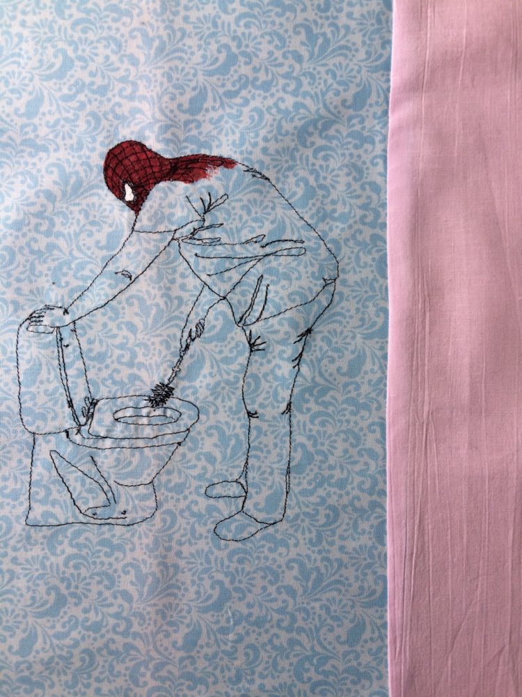 Eva Kitok: Superwoman, 2017, 42 x 63cm, Machine embroidery on cotton fabric and acrylic paint