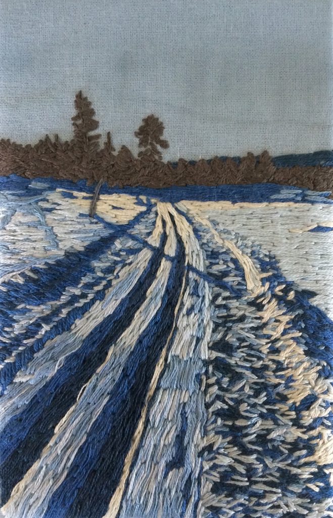 Eva Kitok: Winter, 2018, 12 x 18cm, Hand embroidery on cotton fabric