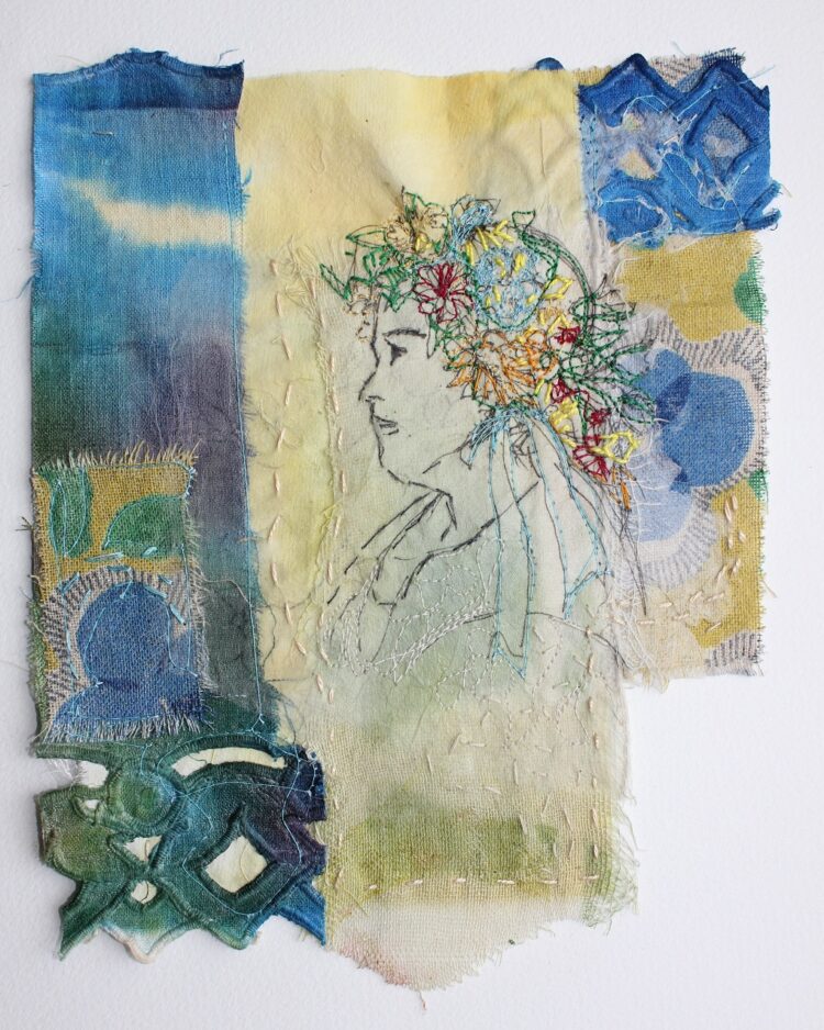 Cas Holmes, Flowers of Ukraine 3, 2023. 18cm x 16cm (7” x 6”). Painting, appliqué, machine and hand stitch. Reclaimed cloth, pages from a gardening book, paints and dyes.