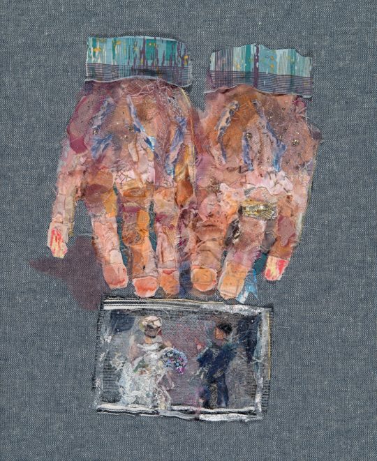 Barbara Shaw: Hands Tell Stories: A Life Well Lived (2020), 23 x 28 cm. Fabric and hand stitched. Made after visiting a 90 year old lady in her home, reflecting her pictures of her memories. Photo credit: Brian Peart.