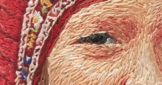 Eva Kitok: Happy, 2017, 12 x 18cm, Hand embroidery on cotton fabric