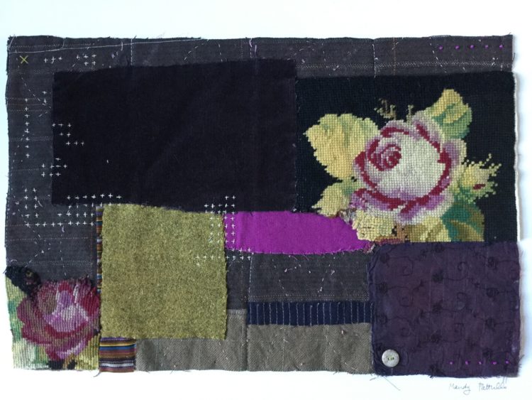 Purple Flowers (2020), 30 x 50 cm. Textile collage incorporating found needlepoint.
