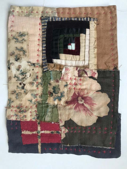 Mandy Pattullo: From Tiny Acorns (2020), 26 x 18 cm. Textile collage using antique materials.