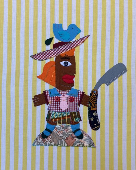 Marcia Bennett-Male, Pollyanna Can Piss Off, 2023. 36.5cm x 29cm (15” x 11”). Hand stitch. Felt, African fabric, bed sheeting, chintz, gingham buttons, metal washer, beads.