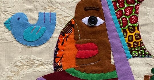 Marcia Bennett-Male, Queen of Self Sabotage (detail), 2023. 70.5cm x 53.5cm (28” x 21”). Hand stitch. Felt, African fabric, upholstery fabric, buttons.