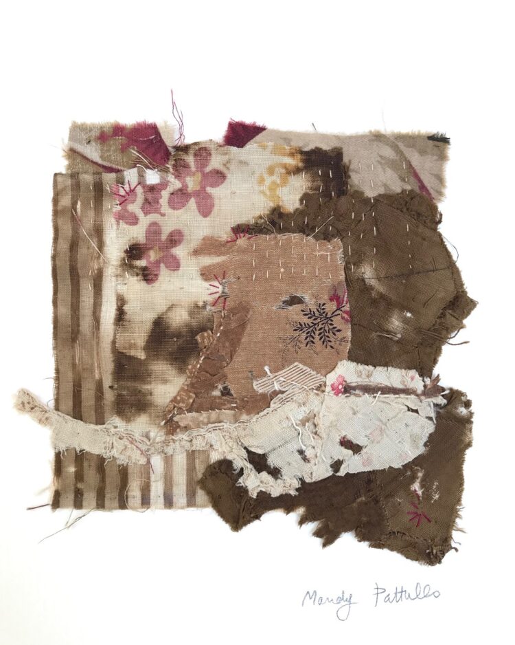 ​​Mandy Pattullo, Fragment, 2022. 11cm x 11cm (4” x 4”). Hand pieced and embroidered collage, dyeing. Over-dyed and discharged 19th century quilt fragments. 